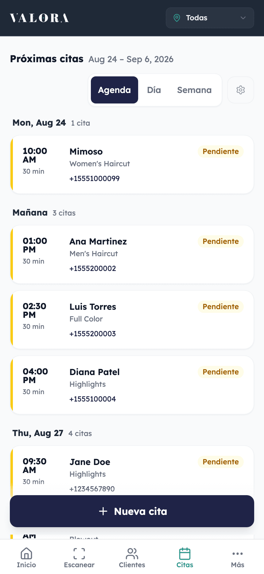 Agenda de citas de Valora con las próximas citas por día, hora, duración y servicio